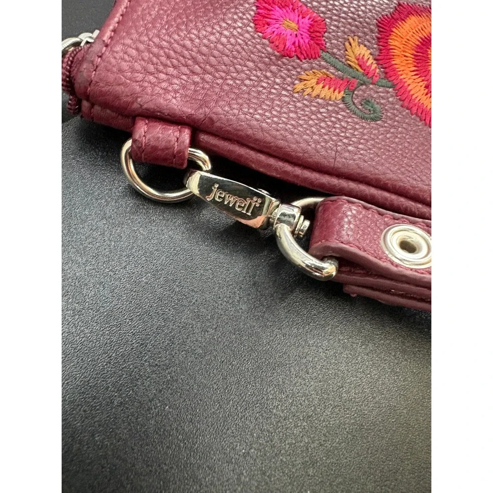 Jewell by Thirty-One Burgundy Faux Leather Floral Embroidered Wristlet Clutch